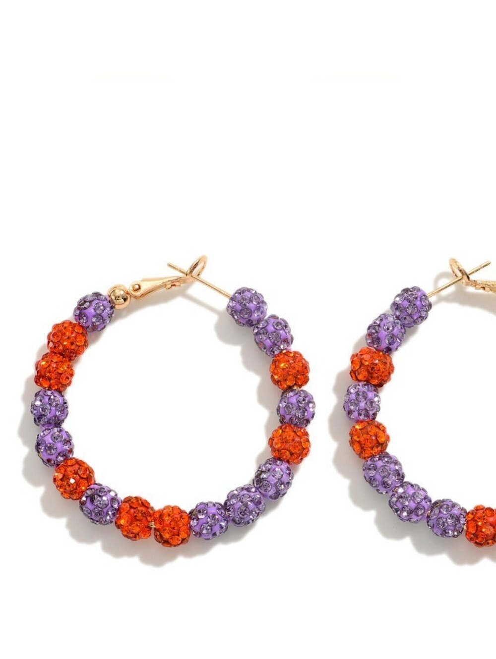 Gold Game Day  Hoop Earrings with Purple and Orange Crystal Beads